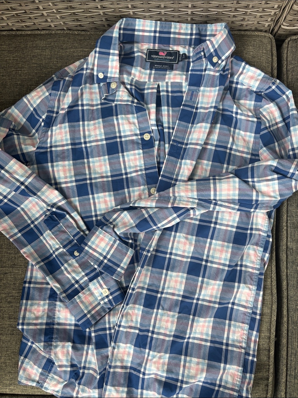 Youth large Vineyard Vines Blue and Pink Plaid Cotton Button-Down Shirt